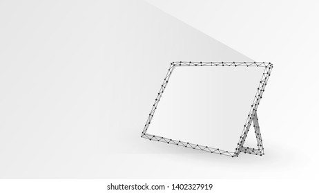 Graphic Tablet, Laptop, notebook composed of polygons. Devices, touchpad, white screen concept. Abstract, digital, wireframe, low poly mesh, vector origami 3d illustration. Triangles, lines, dots