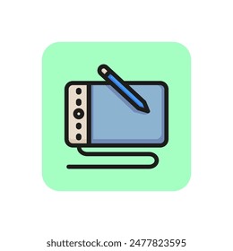 Symbol für Grafik-Tablet-Linie. Digitales Zeichenbrett, Tablet-Computer mit Stift, Computermalerei. Modernes Technikkonzept. Kann für Themen wie Technologie, digitale Kunst, Design verwendet werden