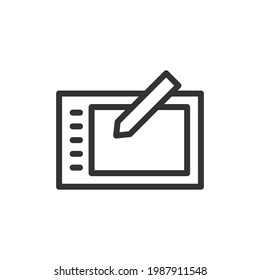 Icono gráfico de la línea de tableta al estilo de moda. Pictograma vectorial de trazo aislado sobre un fondo blanco. Iconos gráficos de esquema premium de tableta.