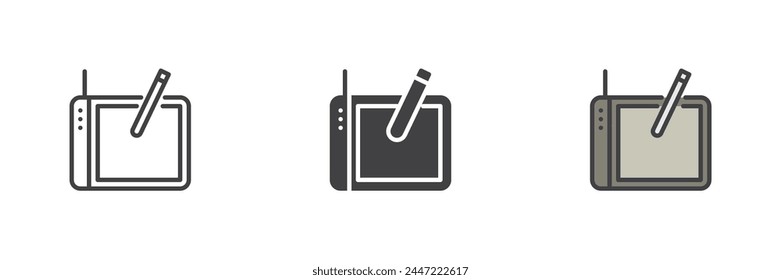 Graphic tablet and pen different style icon set. Line, glyph and filled outline colorful version, outline and filled vector sign. Symbol, logo illustration. Vector graphics
