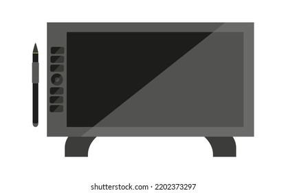 El dispositivo gráfico de dibujo digital de bolígrafo de tableta negro plano. Moderno botón de gadget de escritorio diseñador gráfico electrónico ilustrador tablet equipo stylus herramienta trabajo creativo estudio hobby oficina freelance aislado
