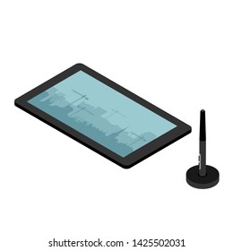 Graphic tablet with pen for illustrators and designers, isolated on white background isometric view