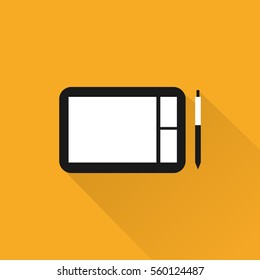 Graphic Tablet And Pen On Yellow Background. Wacom Flat Design. Long Shadow. Vector Illustration