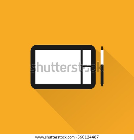 Graphic tablet and pen on yellow background. Wacom flat design. Long shadow. Vector illustration