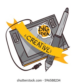 Graphic tablet with a pen sketch of the logo. Element for infographics in the hand drawing style.