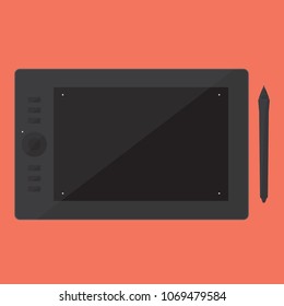 Graphic tablet with smartpen in flat style design, digital drawing, isolated on orange background, illustration vector eps10