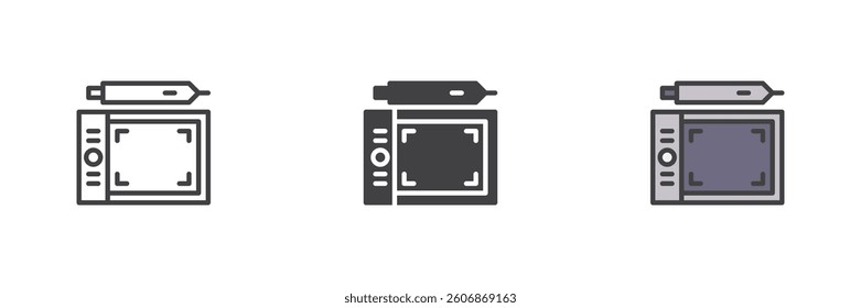 Graphic tablet with a stylus different style icon set. Line, glyph and filled outline colorful version, outline and filled vector sign. Symbol, logo illustration. Vector graphics