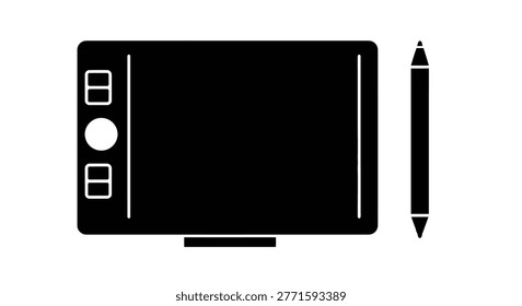 a graphic tablet with stylus pen depicted as a black silhouette on a white background, featuring buttons and a screen area. high-quality professional detailed