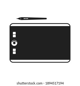 Graphic Tablet With Stylus Pen For Touch Screen Bold Black Silhouette Icon Isolated On White. Digital Drawing Pad Pictogram. Digitizer, Computer Input Device Vector Element For Infographic, Web.