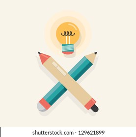 Graphic tablet stylus with pencil and lightning lamp (like skull and crossbones) symbolizing new idea. 
Concept for new ideas, inspiration, graphic designer and illustrator work tools and equipment.