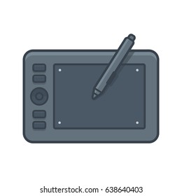 Graphic tablet with stylus, vector line icon in modern flat style.