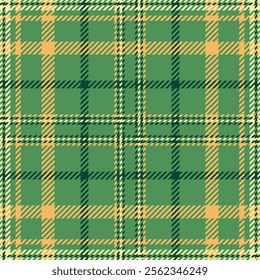 Graphic tartan background pattern, blank fabric seamless texture. Close up plaid check textile vector in green and amber colors palette.