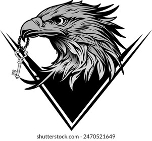 Ilustración vectorial de diseño de arte de tatuaje gráfico, tatuaje de cabeza de águila mordiendo una llave con su pico