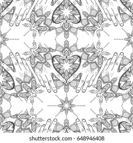 Graphic tattooed hands folded in the shape of heart. Vector seamless pattern. Coloring book page design for adults and kids