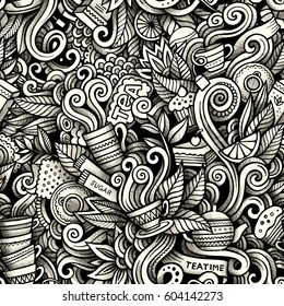 Graphic Tea time hand drawn artistic doodles seamless pattern. Monochrome, detailed, with lots of objects vector trace background