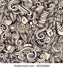 Graphic Tea time hand drawn artistic doodles seamless pattern. Monochrome, detailed, with lots of objects vector trace background