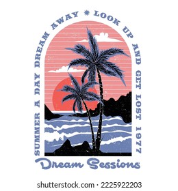 Graphic Tee for dream sessions summer, paradise slogan with beach hut and surfboards on pink color  stripe background