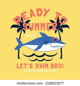 graphic tee print design with funny shark drawn as vector