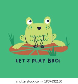 graphic tee print design for kids market with cute frog drawn as vector