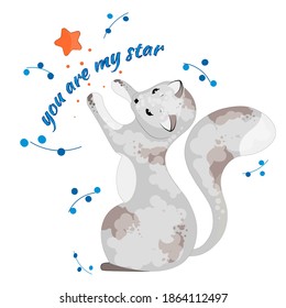 Graphic tee slogan. Cute cat and star.