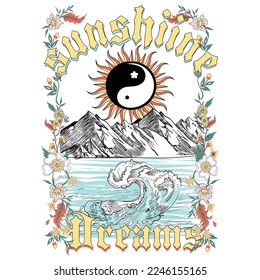 Tee gráfico, sunshine Dreams, vector de verano, ilustración de playa surf diseño de placa de vintage camiseta