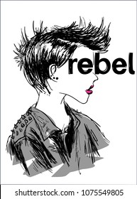 Graphic tee typography slogan rebel for t-shirt printing and embroidery. Design element with girl profile. Rebellion concept printed tee. Hand drawn vector illustration for fashion, poster, web.