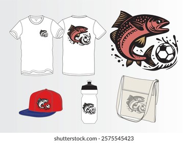 GRAPHIC TEES SALMON SOCCER PLAY LOGO MOCKUP VECTOR