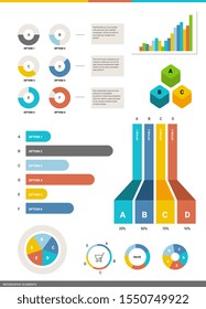 Graphic template of analytical and statistical data visualization with text. Vector set of business infographics element on white background. Flat style design for web, site, presentation, report
