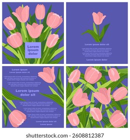 A graphic template consisting of 4 rectangular botanical illustrations with various colorful tulips with green leaves on a violet background. Perfect for creating postcards, invitations, and brochures