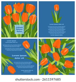 A graphic template consisting of 4 rectangular botanical illustrations with various colorful tulips with green leaves on a violet background. Perfect for creating postcards, invitations, and brochures