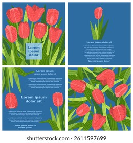 A graphic template consisting of 4 rectangular botanical illustrations with various colorful tulips with green leaves on a violet background. Perfect for creating postcards, invitations, and brochures