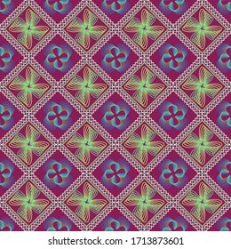 Graphic template consisting of abstract geometric shapes of flowers on a bright purple background. Patterns suitable for fabric, wallpaper, background, tile.