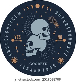 Modelo gráfico inspirado no Ouija Board. esqueleto crânio e poeira estelar cercados por lua e estrelas textos e alfabeto. Tipografia gótica. Fantasmas e demônios chamando o jogo