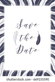 Graphic template with mango leaves in deep blue color. Vector tropical frame and lettering for invitations, greeting cards, posters and more