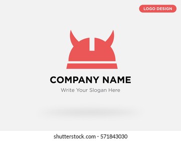 Graphic template of modern business logo for army defence, security services company with isolated red viking hat sign icon vector on gray background
