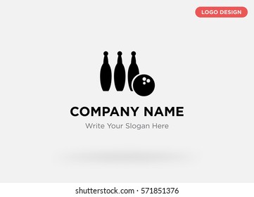 Graphic template of modern business logo for bowling, entertainment services company with isolated black bowling pins, ball sign icon vector on gray background