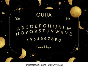 Plantilla gráfica de la Junta de Ouija. Símbolos negros y dorados de la luna, las estrellas, los textos y la tipografía alfabética. Fantasmas y demonios llamando al juego de Halloween. Ilustración vectorial para la brujería, la impresión y el juego. 