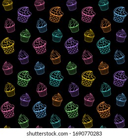 Graphic template with rainbow muffins and cupcakes on a black background in flat style. Vector seamless pattern for bakery, cafe, sweet shop, pastry shop, confectionery, printing on packaging, menu