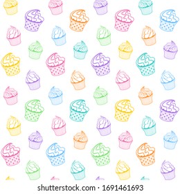 Graphic template with rainbow muffins and cupcakes on a white background in flat style. Vector seamless pattern for bakery, cafe, sweet shop, pastry shop, confectionery, printing on packaging, menu