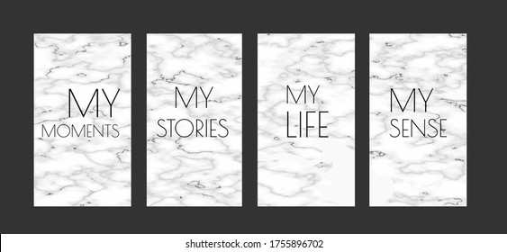 Graphic Template Set for Life Stories Design, White Marble Background with Black Cracks, Vector 