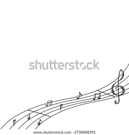 A graphic template of a square frame with musical notes and a treble clef. A black and white illustration of a stave. The EPS format drawing is done in a simple ink style for a World Music Day card.