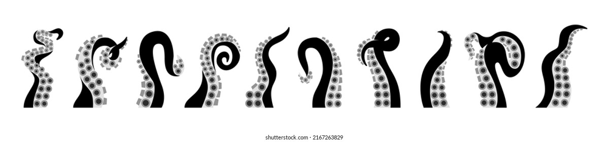 Graphic tentacles octopus isolated set. Vector black icons of underwater ocean fish or kraken monster. Geometric flat cardboard design. Twisted long limbs with suckers of cephalopods or sea cuttlefish