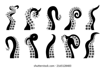 Graphic tentacles octopus set of isolated icons. Kraken monster or underwater ocean fish. Vector black twisted long limbs with suckers sea cuttlefish, cephalopods. Geometric flat cardboard design