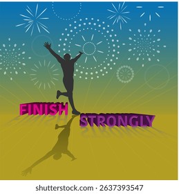 Graphic text effect of Finish Strongly and human figure with shadows and line art of dragon and firework on gradient yellow-purple background