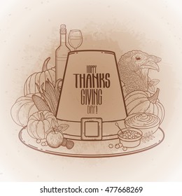 Graphic Thanksgiving day art. Vector piligrim hat drawn in line art style decorated with fruits and vegetables.