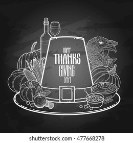 Graphic Thanksgiving day art. Vector piligrim hat drawn in line art style decorated with fruits and vegetables.
