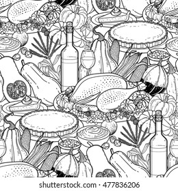 Graphic Thanksgiving day collection drawn in line art style. Vector seamless pattern. Coloring book page design for adults and kids