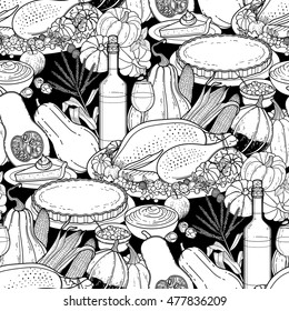 Graphic Thanksgiving day collection drawn in line art style. Vector seamless pattern. Coloring book page design for adults and kids