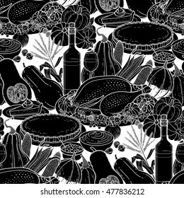 Graphic Thanksgiving day collection drawn in line art style. Vector seamless pattern