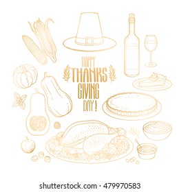 Graphic Thanksgiving day collection drawn in line art style. Vector holiday attributes isolated on white background in golden colors